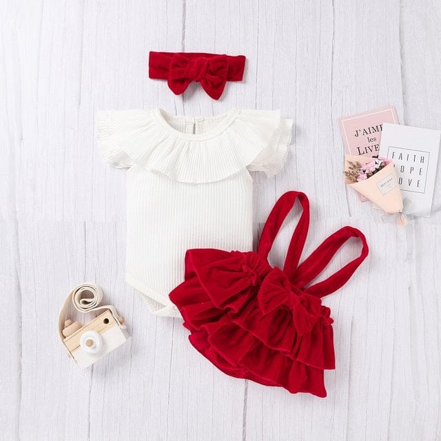 A / 12M Ruffle Short Sleeve Knitted Romper+Velvet Suspender Layered Skirt