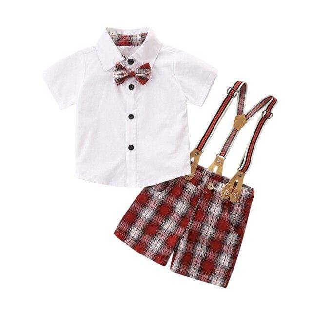 Boy's Clothing White / 12M Short Sleeve Lapel Bowknot Shirt Top+Plaid Suspender