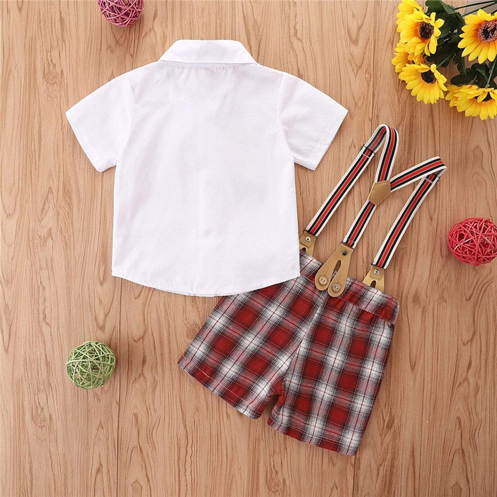 Boy's Clothing Short Sleeve Lapel Bowknot Shirt Top+Plaid Suspender