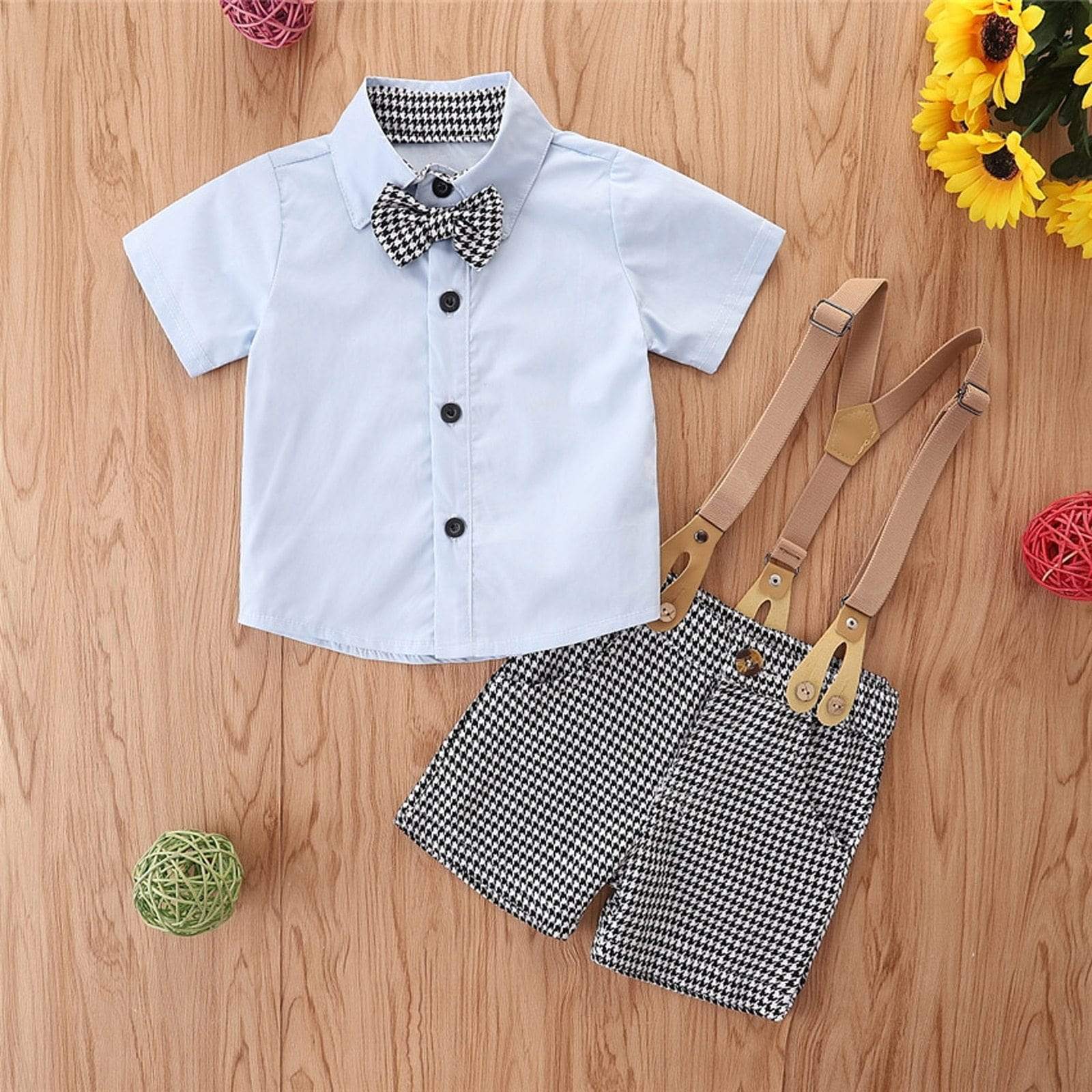 Boy's Clothing Short Sleeve Lapel Bowknot Shirt Top+Plaid Suspender
