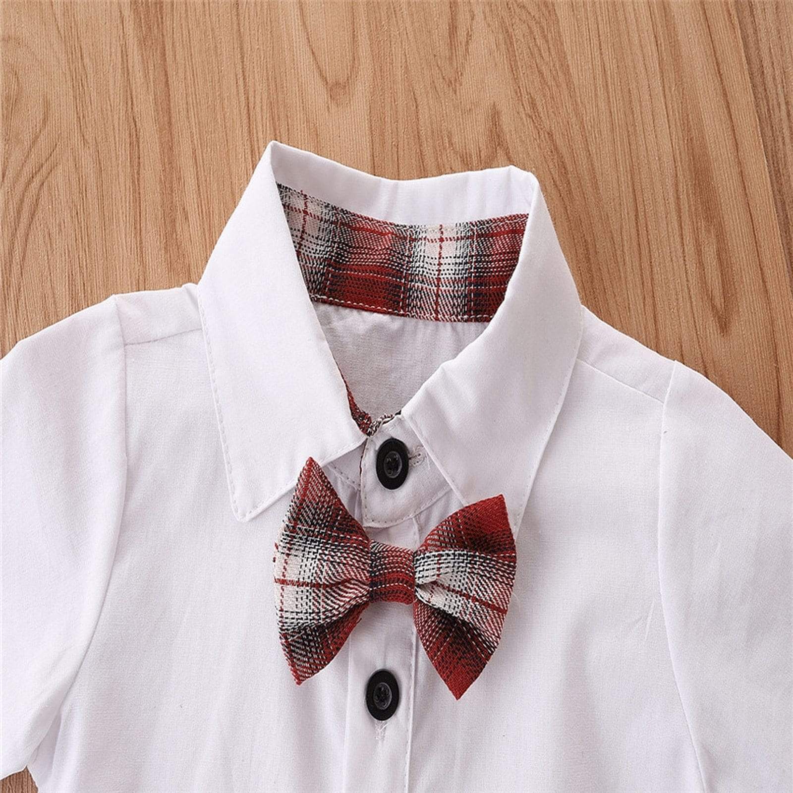 Boy's Clothing Short Sleeve Lapel Bowknot Shirt Top+Plaid Suspender