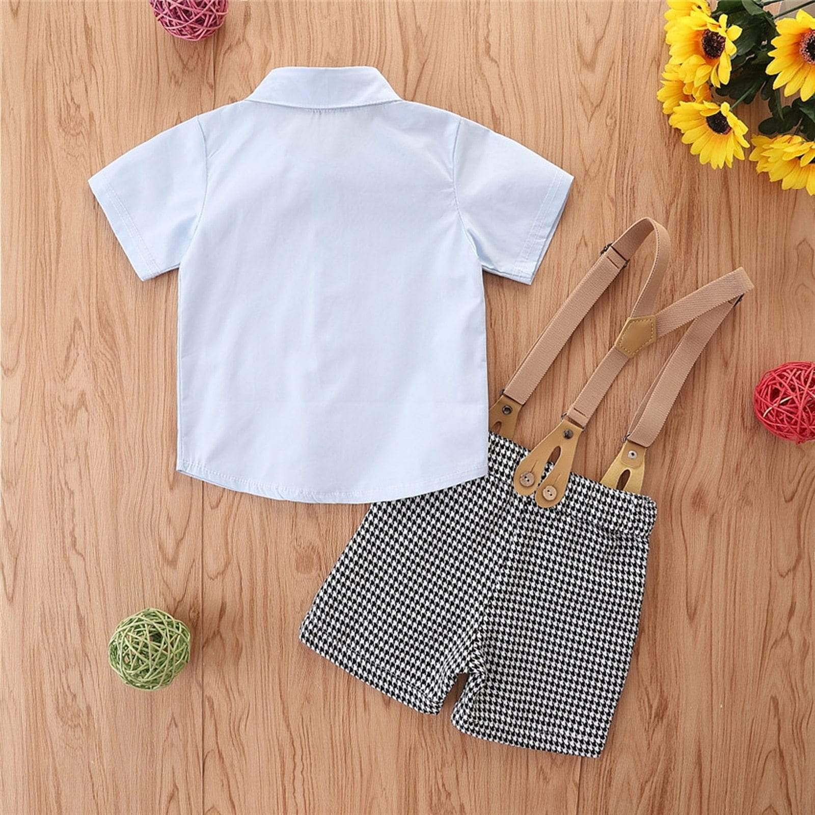 Boy's Clothing Short Sleeve Lapel Bowknot Shirt Top+Plaid Suspender