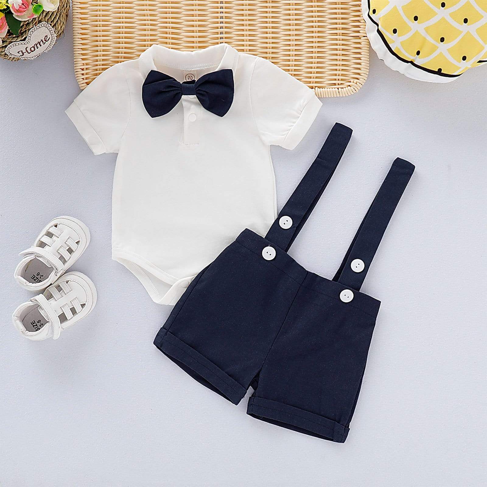 Boy's Clothing Short Sleeve Lapel Romper + Suspender Pants