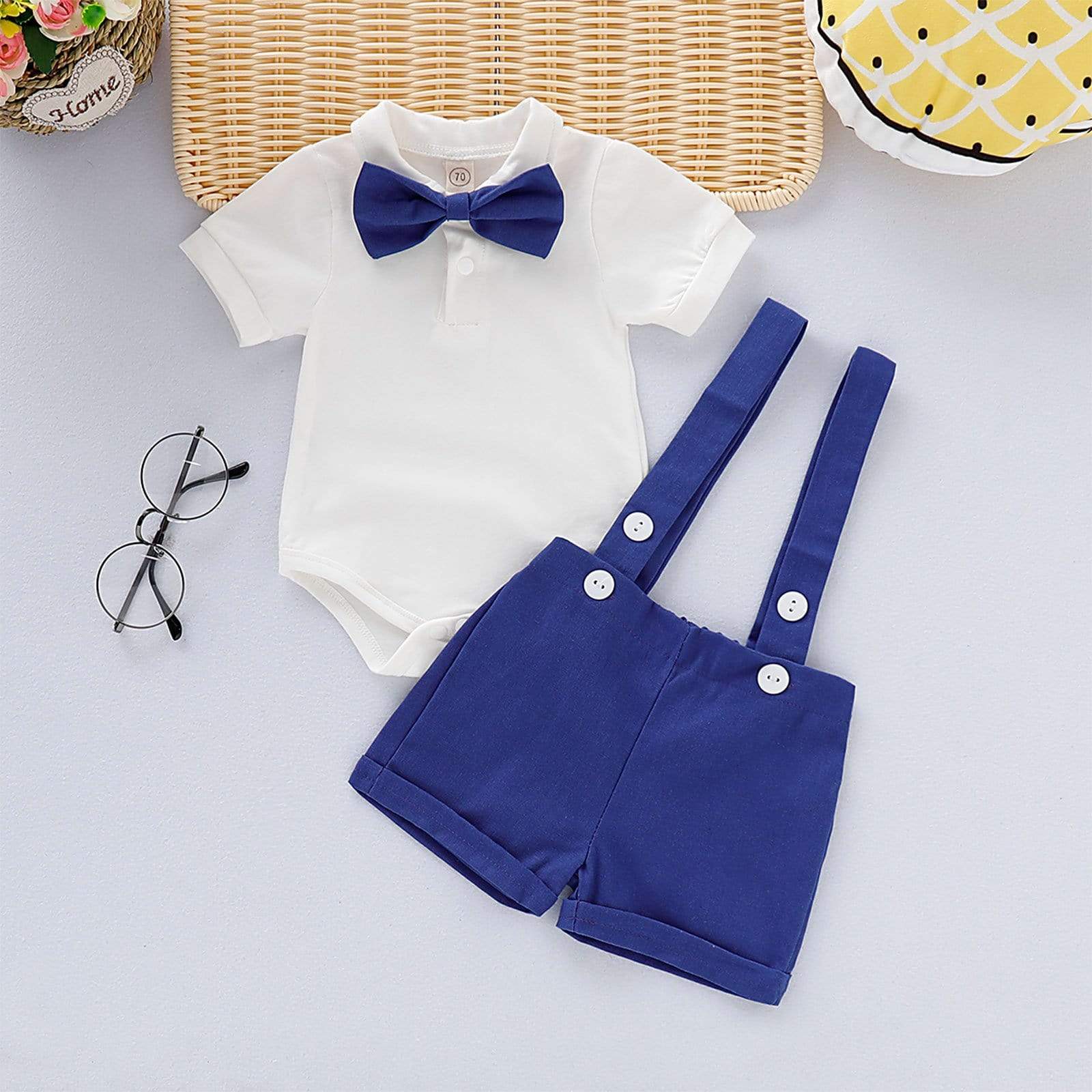 Boy's Clothing Short Sleeve Lapel Romper + Suspender Pants