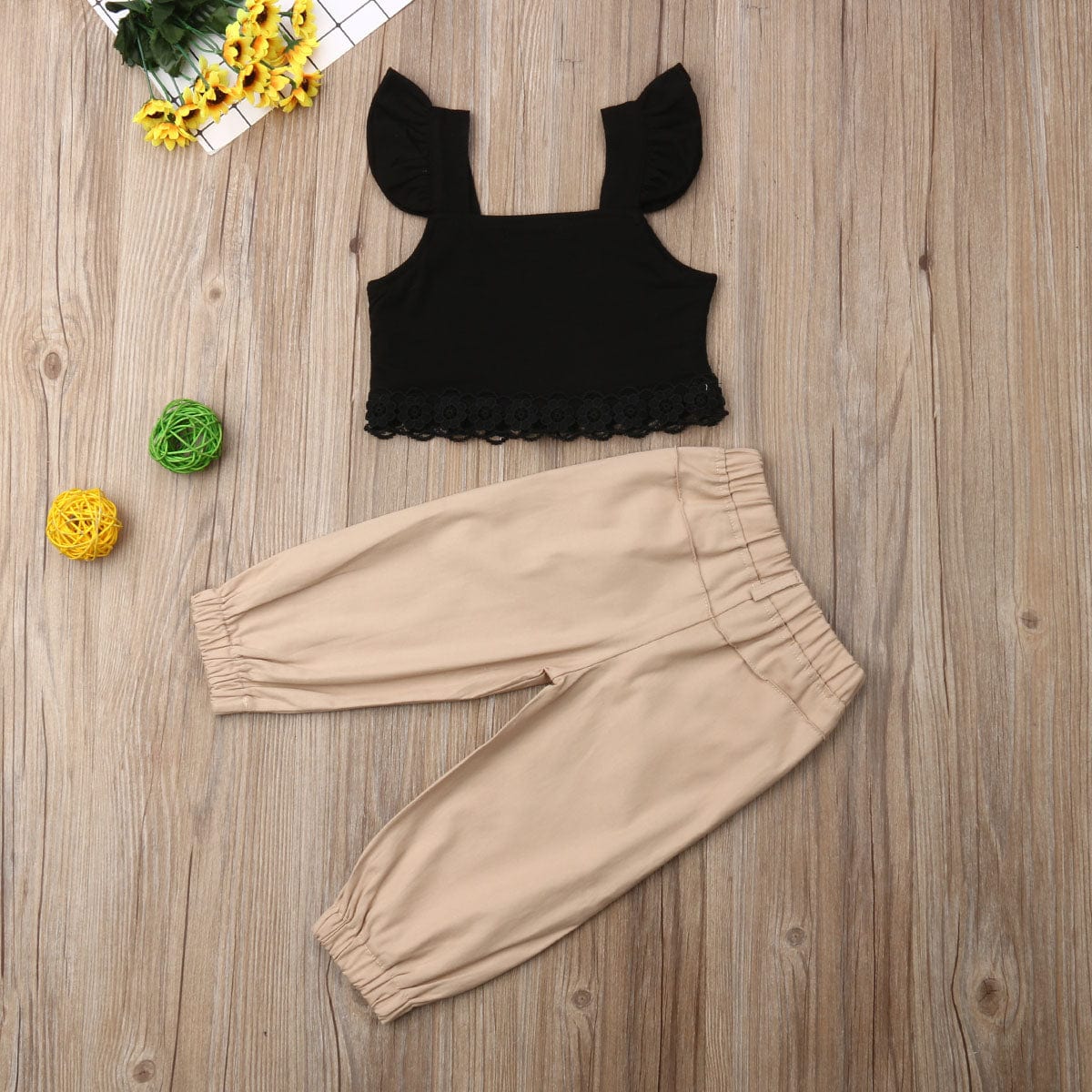 Sleeveless Black Lace Crop Tops T-shirt+Long Pants Outfit Set