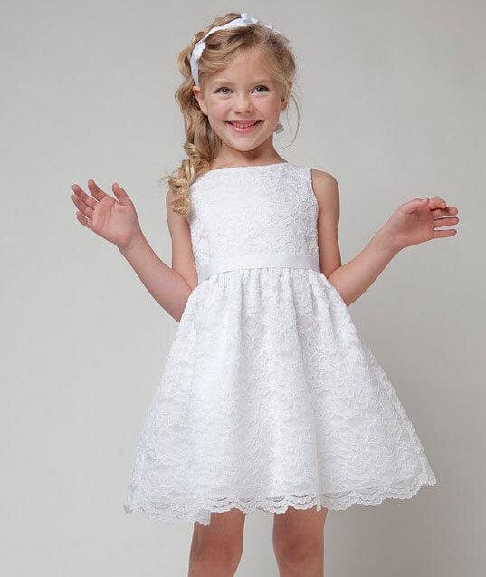 knee length dresses for ladies Long Train Lace Flower Girl Dress, White / 8T main image 0