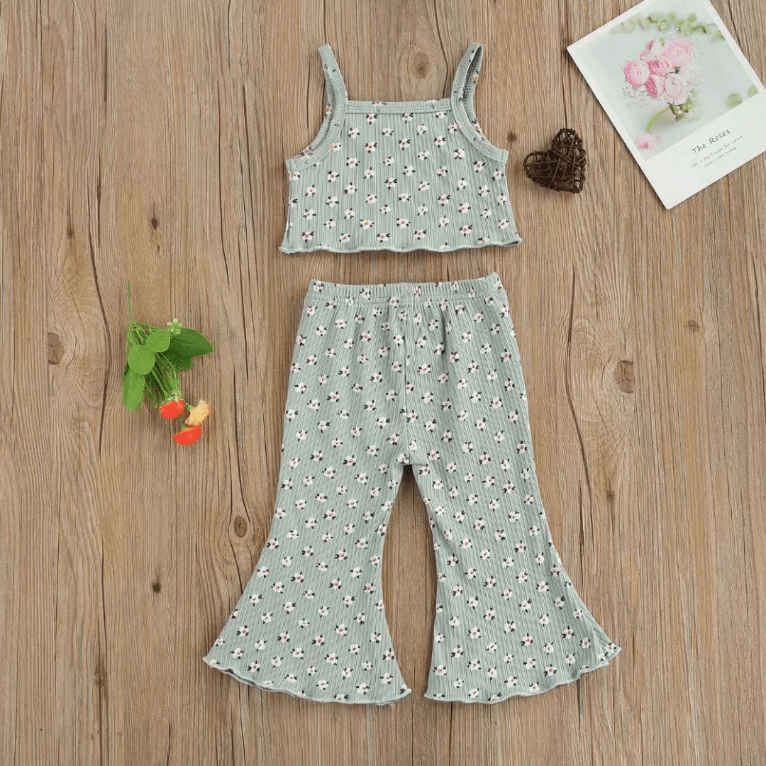 Sleeveless Floral Print Crop Tank Tops + Flare Pants Set