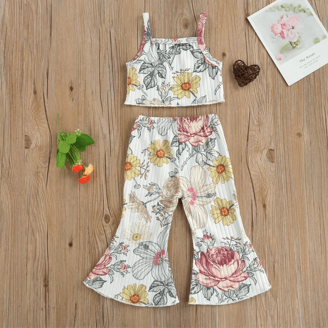 Sleeveless Floral Print Crop Tank Tops + Flare Pants Set