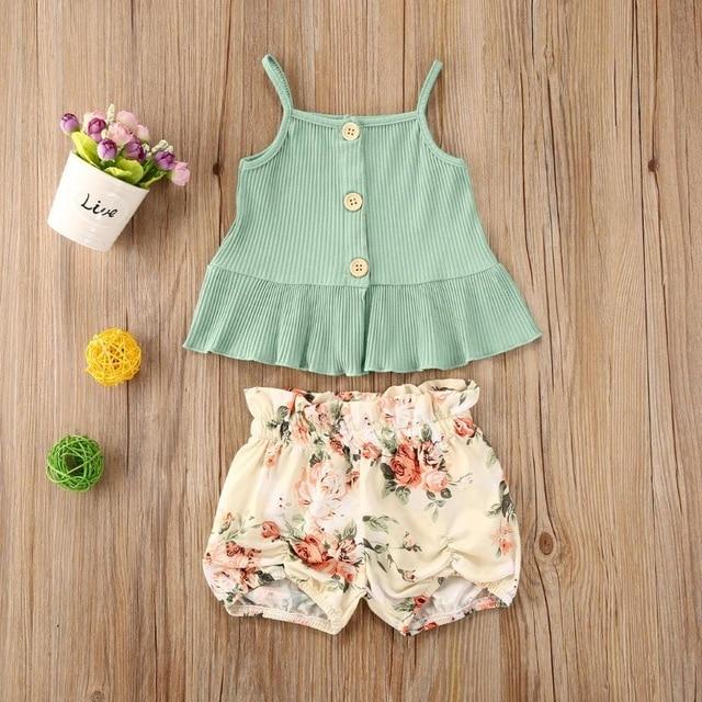 Girl's Clothing green / 2T Sleeveless Tops+Flower Shorts