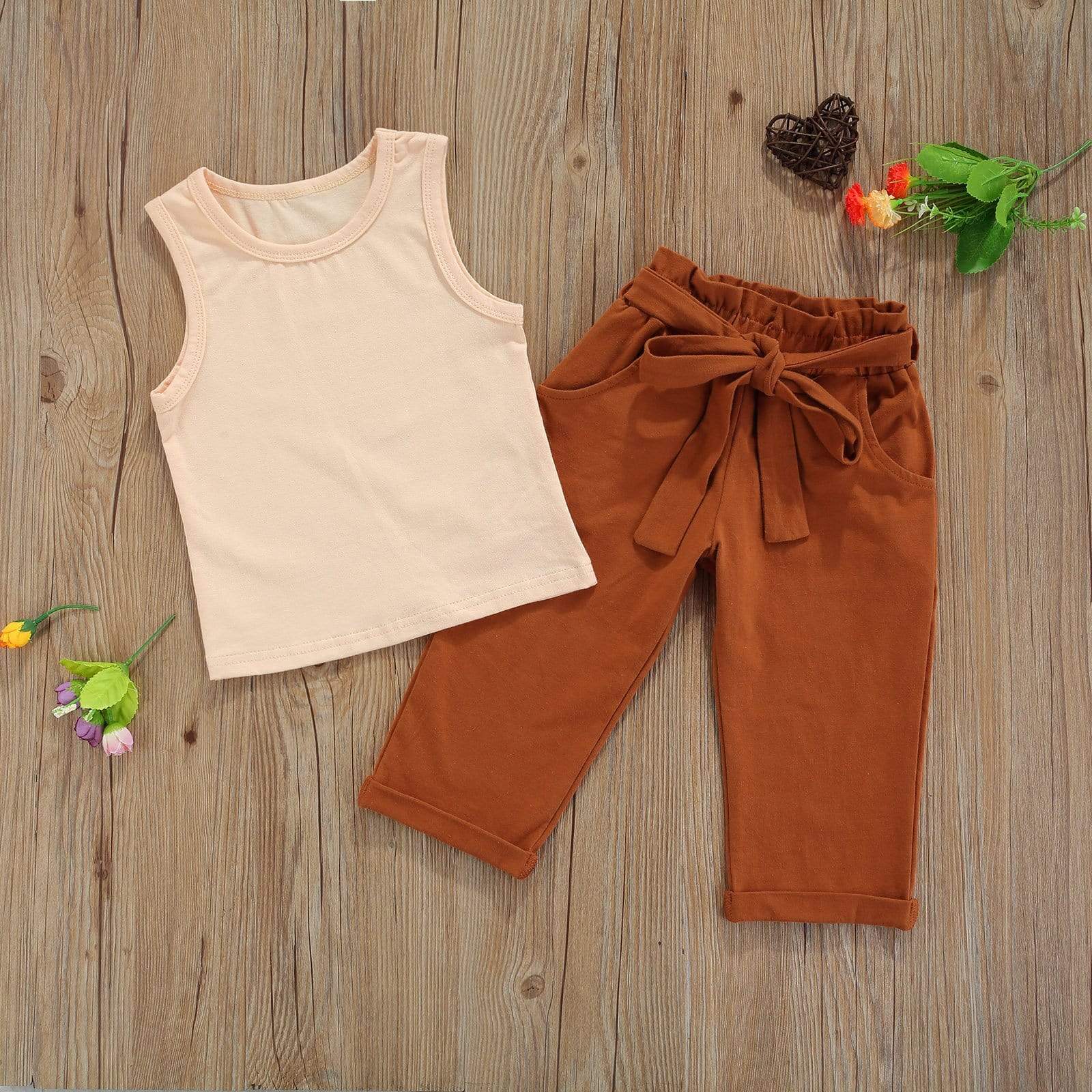 Girl's Clothing Sleeveless Vest + Brown Pants Belt Clothes Set