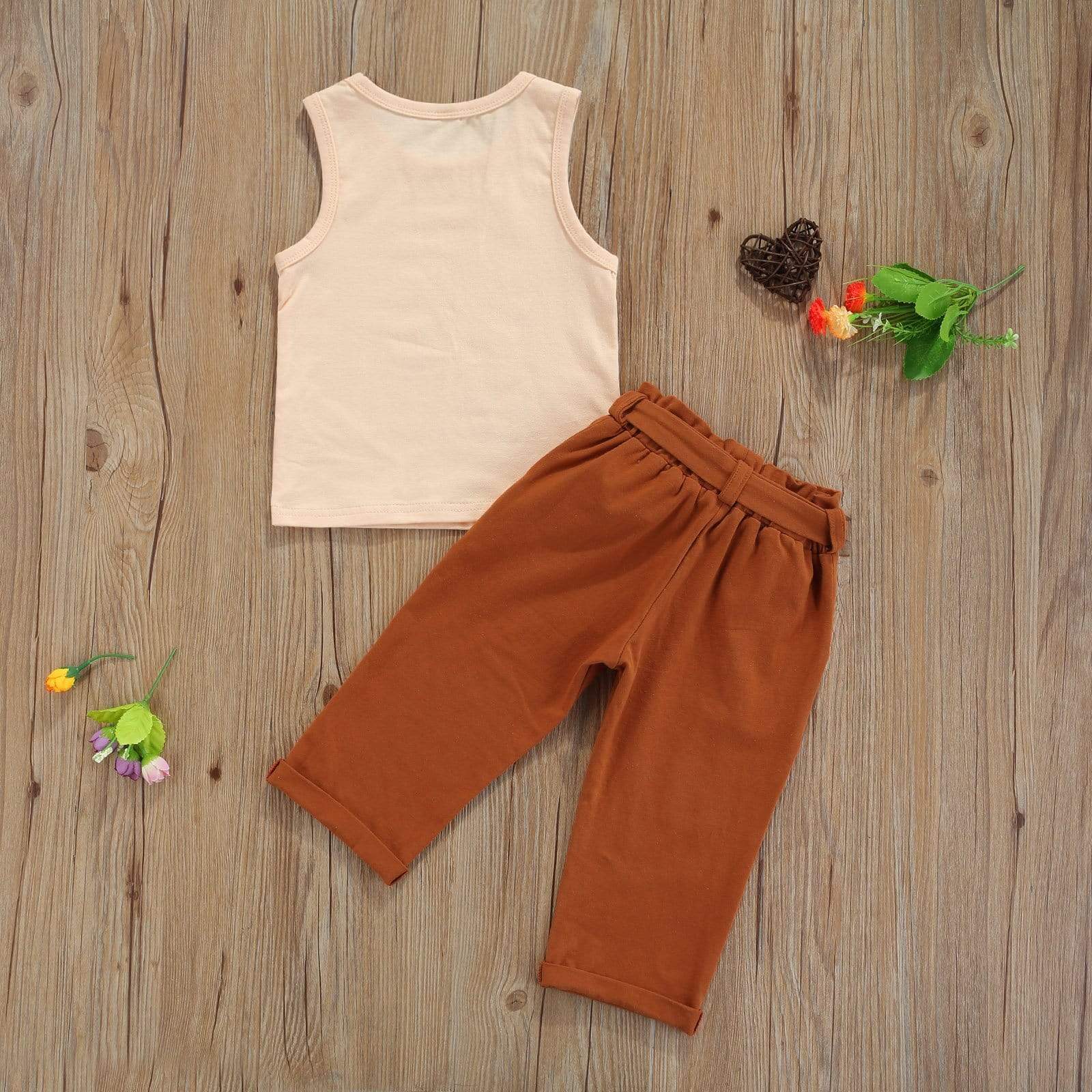 Girl's Clothing Sleeveless Vest + Brown Pants Belt Clothes Set