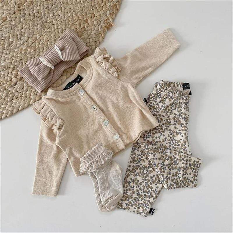 Solid long Sleeve Single-breasted Tops+Floral Pants