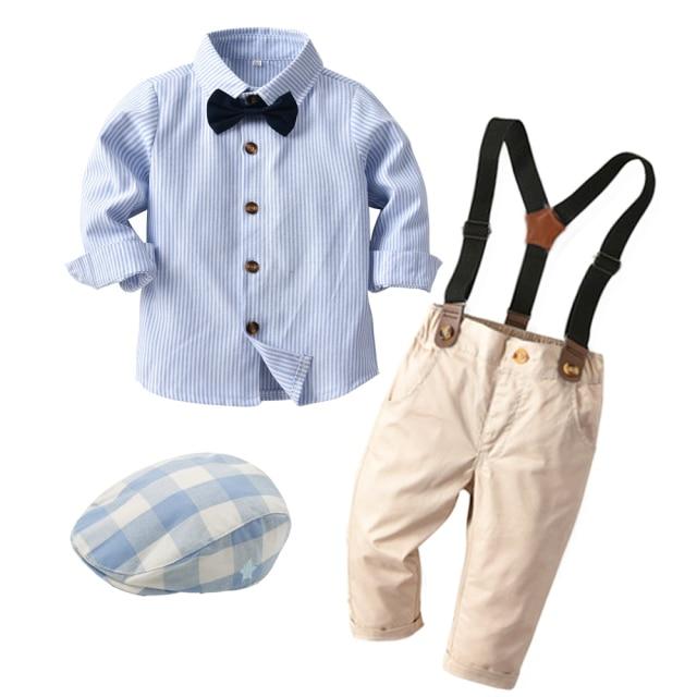 Boy's Clothing Blue Striped Shirt + Khaki Pants + Check Hat / 9M Stripe Shirt Boy Outfit