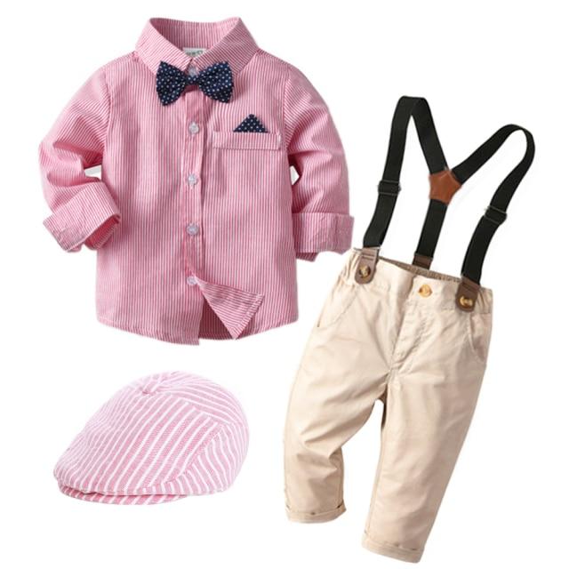 Boy's Clothing Pink Striped Shirt + Khaki Pants + Pink Hat / 12M Stripe Shirt Boy Outfit