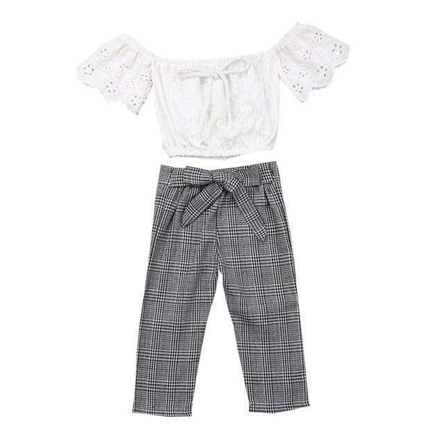 1 / 7 Toddler Kids Baby Girls Clothes Set Summer Off Shoulder Lace Crop Top and Long Pants 2-7T Cute Lovely Sweet Streetwear Outfits