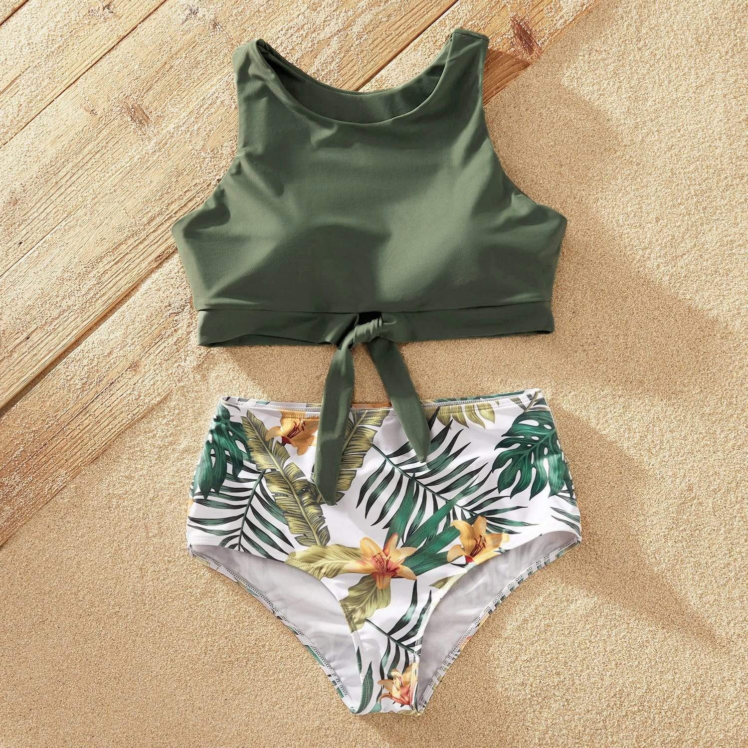 Toddlers Swimsuits | Girls Palm Tree Print Tankini Two Piece Swimsuit Green / 4T/5Y