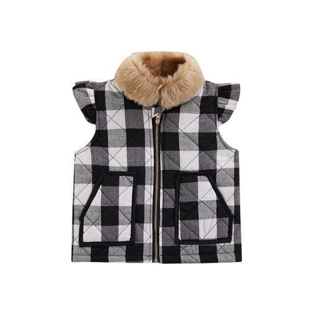 Black / 3T Vest Outwears Plaid Printed Fur Collar