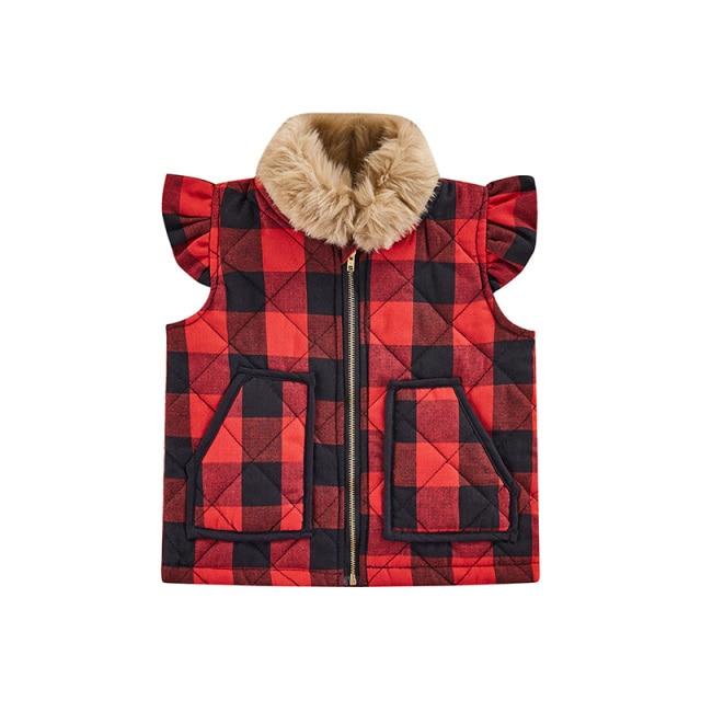 Red / 4T Vest Outwears Plaid Printed Fur Collar
