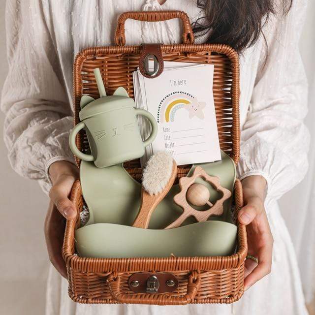 Organic Baby Gift Basket - Bee - moccasins, wooden toy, blanket, Onesie