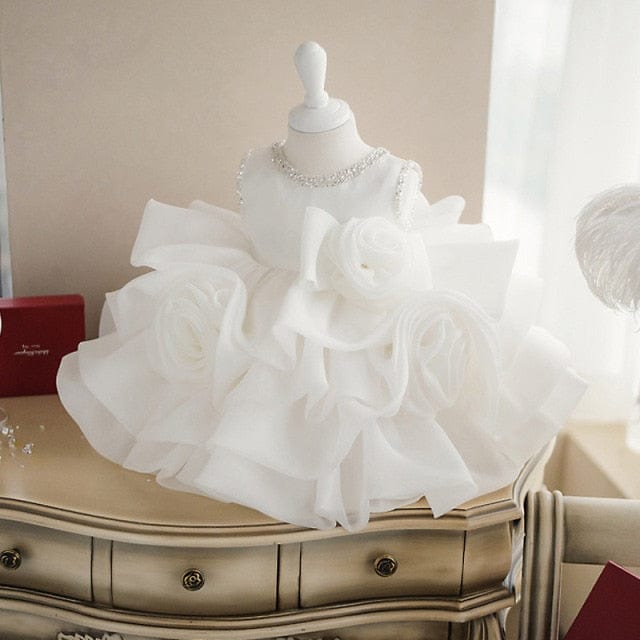 Girl Baptism Gown with Floral Layers, White / 8T