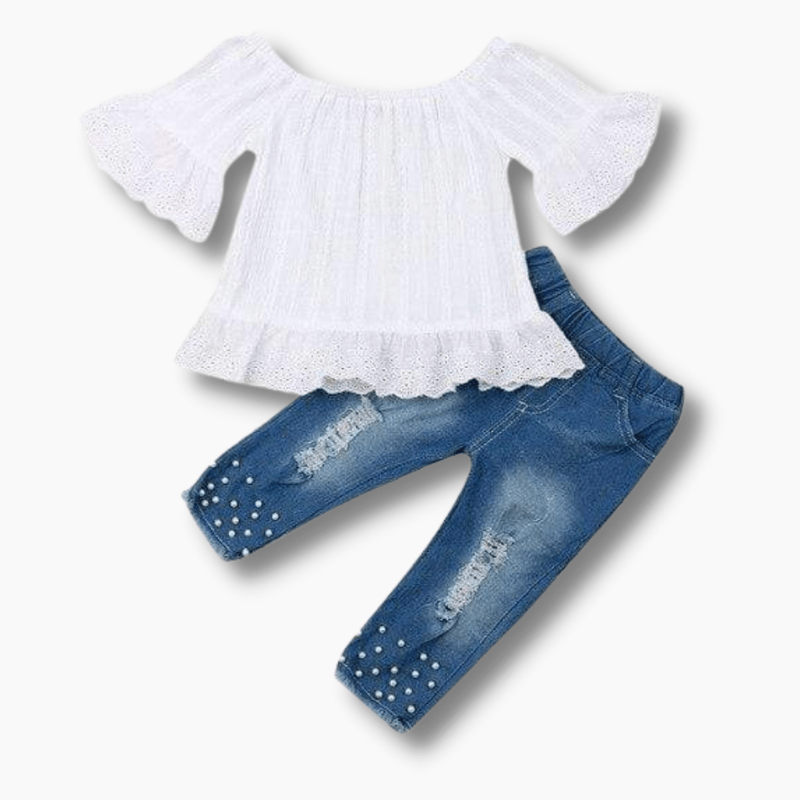 Girl's Clothing White Off Shoulder Top and Jean Set