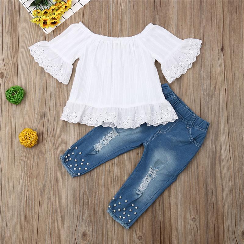 Girl's Clothing White Tops T-shirt Denim Long Pants Outfit
